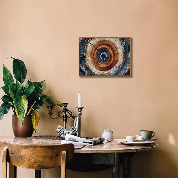 BingruiArt Framed Tree Ring Canvas Wall Art Abstract Wood Wall Decor Boho Modern Colorful Nature Painting Wood Stump Prints Pictures for Living Room Bedroom Bathroom Office 12"x16" Natural Framed(05)