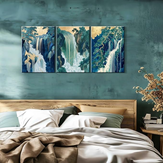 Framed Japanese Waterfall Canvas Wall Art Japanese Style Triptych Painting Nature Scenery Poster Print Oriental Gallery Style Decorative Painting Living Room Bedroom 12×16 Inch Ready to Hang