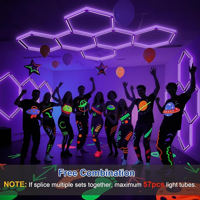 BRILLIHOOD 16 Pack LED Hexagon Blacklights, 112W, 3 Girds UV Black Light Fixture with US Plug for Neon Glow Party, Halloween, Body Paint and Art Displays in Large Space
