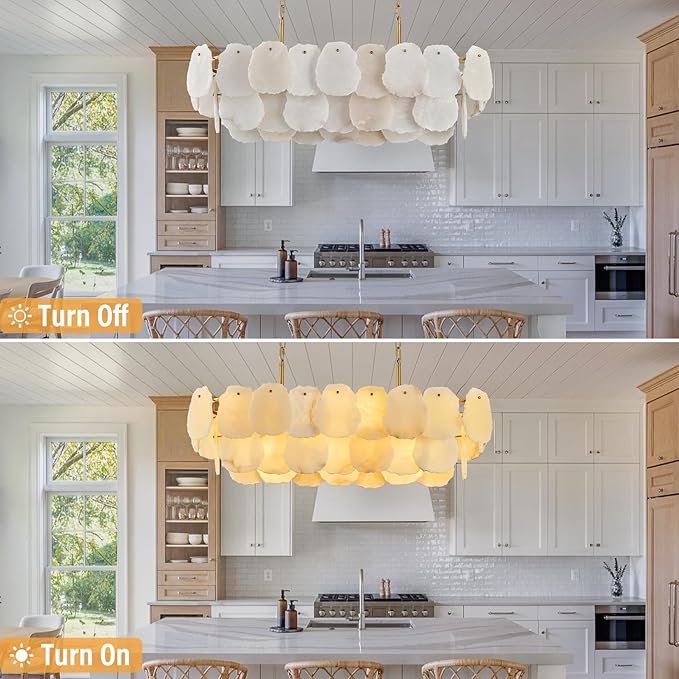 Alabaster Rectangle Chandelier for Dining Room, L39in Modern White Marble Chandeliers, Luxury Natural Spanish Brass Alabaster Chandelier Over Table for Kitchen Island Living Room Dining Table