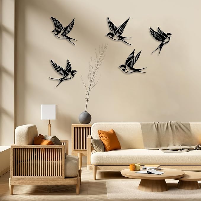 LIYOUYA 5 Pieces Metal Bird Wall Decor - Rustic Farmhouse Room Decor Simple Bird Flock Black Wall Art Home Decor for Living Room, Bedroom, Dining Room, Farmhouse (Black)