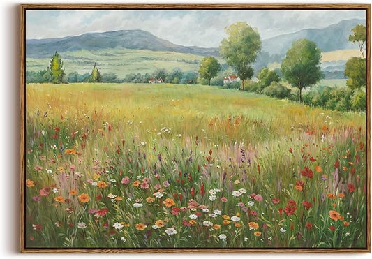 KISSFOX Vintage Landscape Canvas Wall Art Spring Farmhouse Colorful Wildflower Field Framed Wall Art Natural Countryside Cottagecore Paintings Artwork Rustic Art Prints For Bedroom Living Room