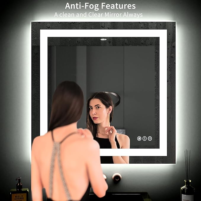 LOAAO 40"X38" LED Bathroom Mirror with Lights, Anti-Fog, Dimmable, Backlit + Front Lit, Lighted Bathroom Vanity Mirror for Wall, Memory Function, Tempered Glass, ETL Listed