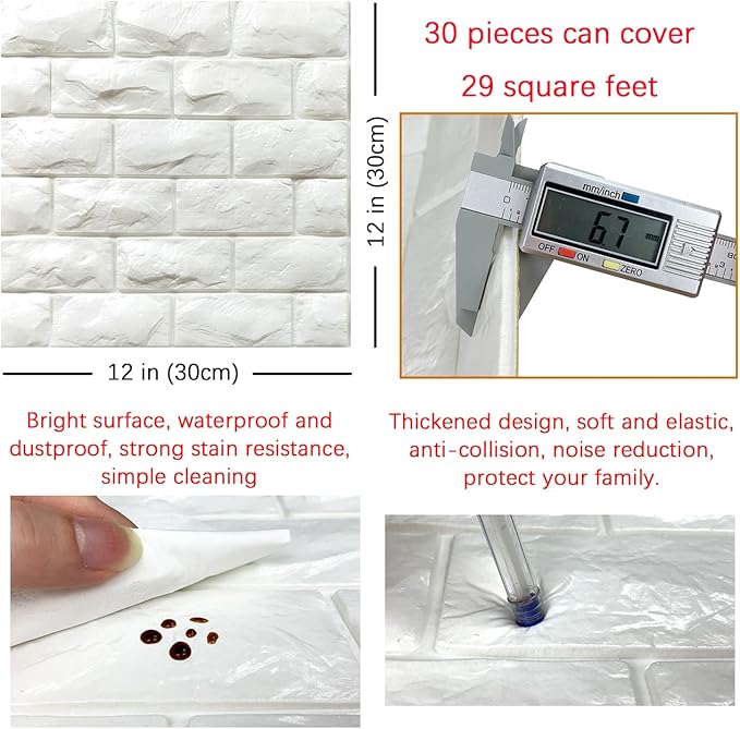 30PCS 3D Wall Panels Peel and Stick Faux Brick Wallpaper White Self Adhesive Foam Brick Paneling Faux Stone Wall Panels (30PCS, White)