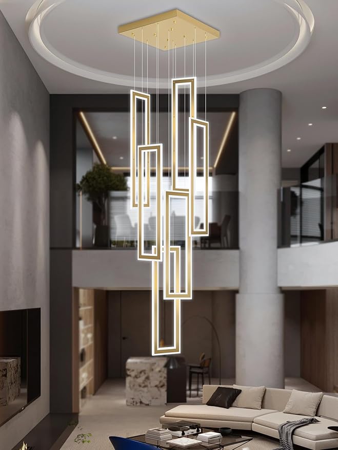 Modern Chandelier,6 Ring Led Foyer Chandeliers,Larger High Ceiling Chandelier for Living Room,Gold Rectangle Chandelier for Entryway Staircase LED Dimming 2700k-6000k