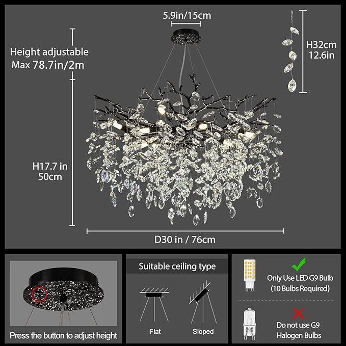 Modern Black Crystal Tree Branch Chandelier, 10-Light 30" Black K9 Crystal Chandeliers for Dining Room, Round Chandelier for Living Room,High Ceiling,Kitchen Island,Foyer,Staircase