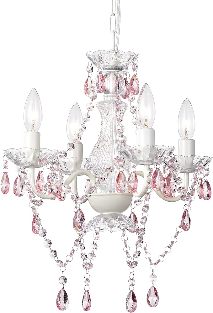 LaLuLa Pink Chandelier White Chandeliers Lighting with Acrylic Crystals Mini 4 Lights Pendant Light for Bedroom and Girls Room