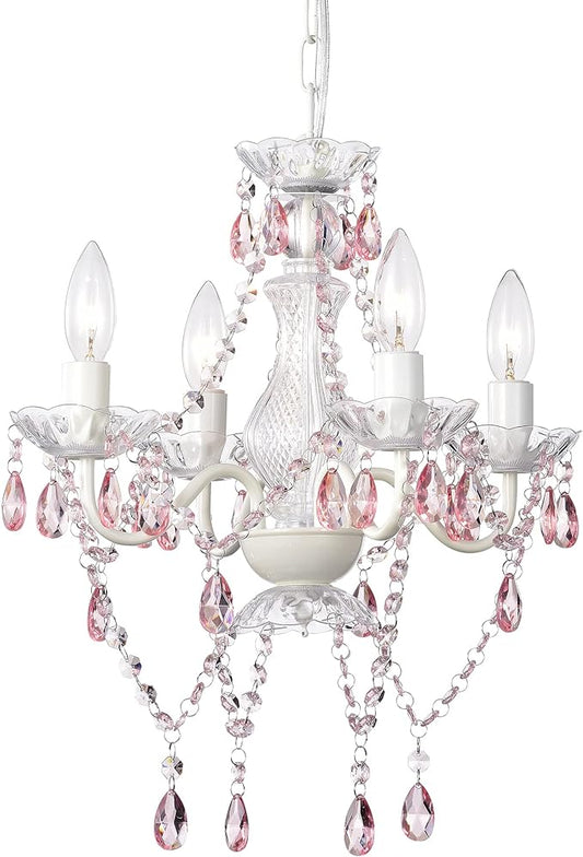 LaLuLa Pink Chandelier White Chandeliers Lighting with Acrylic Crystals Mini 4 Lights Pendant Light for Bedroom and Girls Room