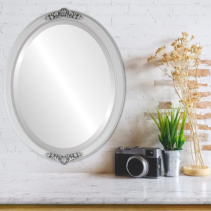 OVALCREST Oval Beveled Wall Mirror for Home Decor - Athena Style - Linen White - 26" x 20" Outside Dimensions