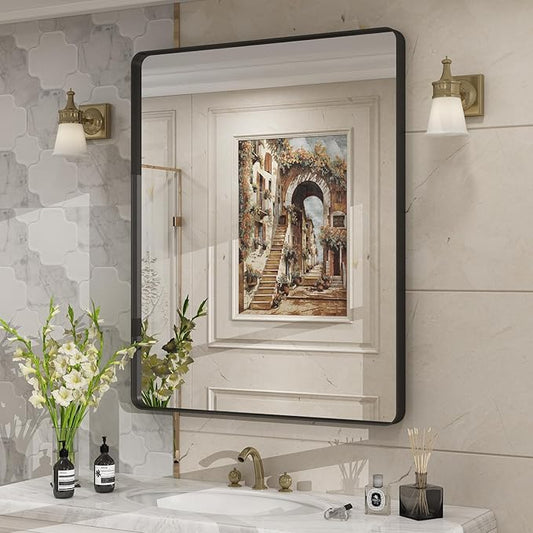 30x36 Black Matte Bathroom Mirror, Rectangle Framed Vanity Mirror for Wall, Rounded Corner, Anti-Rust, Shatterproof (Horizontally/Vertically)