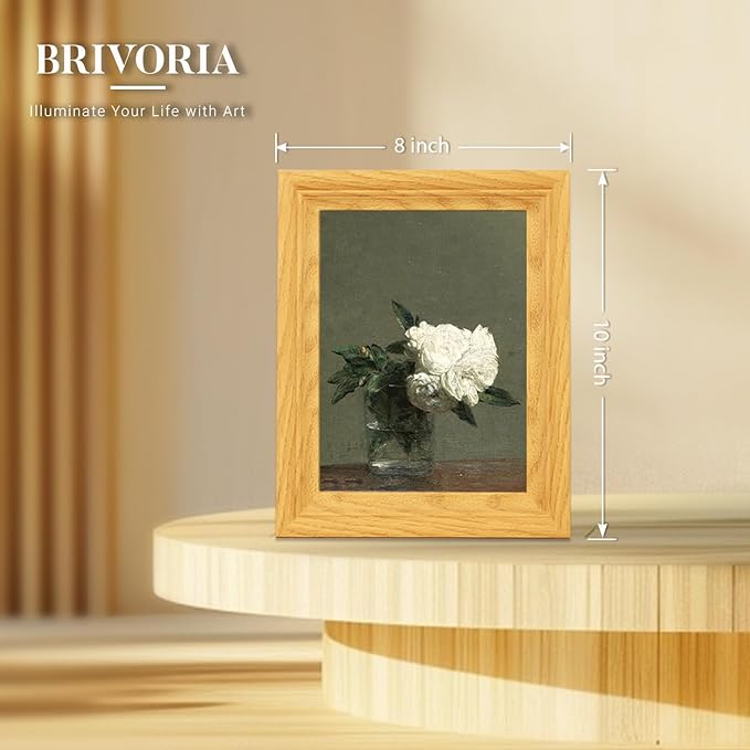 Brivoria Framed Canvas Wall Art Vintage Decor, White Roses in Glass Vase Realist Still Life Painting with Olive Green Background for Bedroom Bathroom Entryway Kitchen Decor, 8"x10"