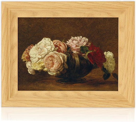 Brivoria Framed Canvas Wall Art Vintage Decor, Antique Floral Still Life Artwork with White Pink and Red Roses and Rustic Autumn Background for Desk Shelf Bedroom Office or Bathroom Display, 8"x10"