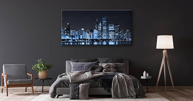 NAN Wind Chicago City Center Skyline Canvas Prints Modern Office Decor Chicago Skyline Canvas Art Cityscape Wall Decorations Blue Wall Decor for Living Room Pictures for Bedroom Decorations
