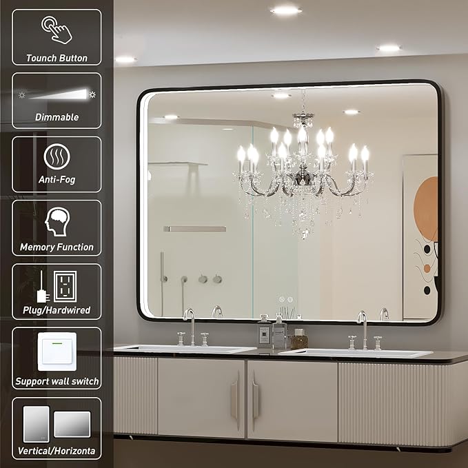 48x36 Inch LED Bathroom Mirror with Lights, Vanity Lighted Black Framed Mirror Anti Fog Stepless Dimmable,Wall Mounted Light up Mirror (Horizontal/Vertical)