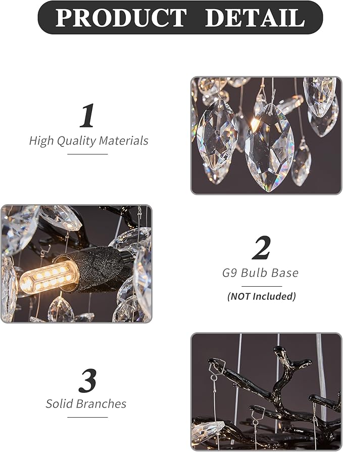Modern Tree Branch Crystal Chandelier Luxury Black Crystal Pendant Lighting 18" Contemporary 6-Light Chandeliers for Dining Room Kitchen Bedroom Living Room
