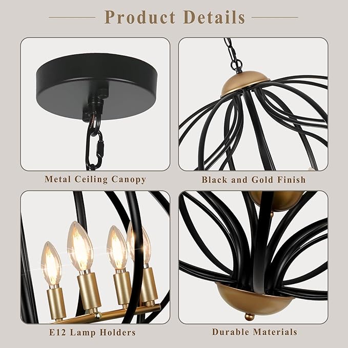 Black and Gold Chandeliers for Dining Room,25.6" Large Sphere Chandelier,8-Light Geometric Modern Farmhouse Pendant Light Orb Metal Industrial Chandelier for Foyer Entryway Stairway Living Room