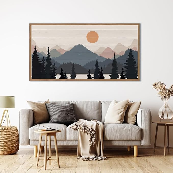 Anyzal Large Framed Serene Mountain Range Canvas Wall Art Boho Sunset forest Lake Wall Decor Abstract Nature Wilderness Art Print for Bedroom Living room Office Large 20x40 Inch