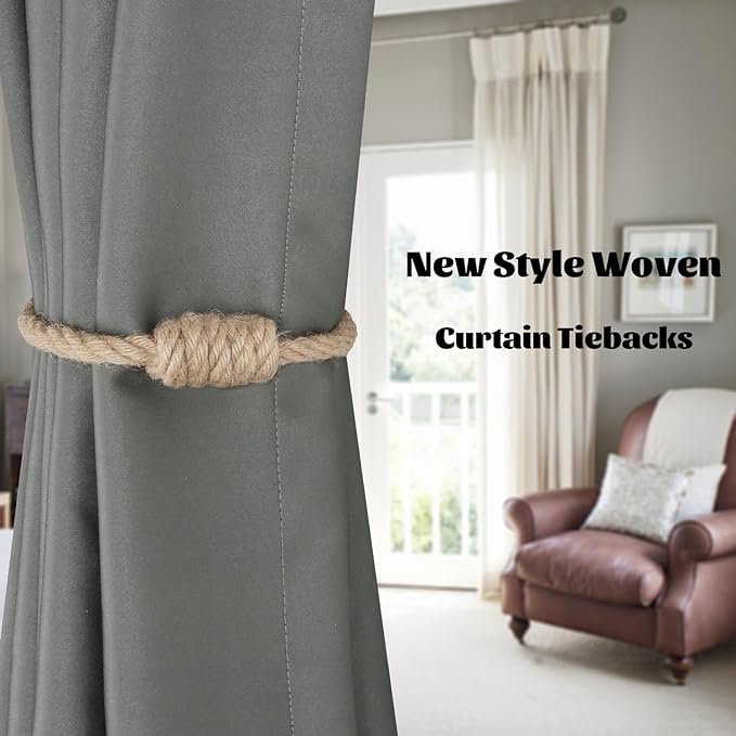 BEL AVENIR Magnetic Jute Curtain Tiebacks, Decorative Drapery Holdbacks Bohemian Style Woven Tie-Backs with Exquisite Knot (Jute, 2 Pack)
