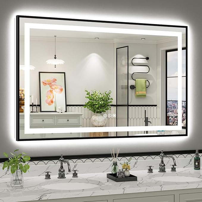 55x36 Inch LED Bathroom Mirror with Black Frame, Backlit & Front Lit, Anti-Fog Lighted Bathroom Vanity Mirror for Wall, Memory Function, Dimmable, HD Tempered Glass, Shatter-Proof