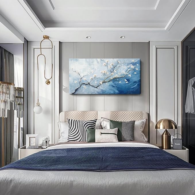 Nicetop Large Wall Art for Living Room– Blue and white Floral Canvas Art Print, Plum Blossom Flower Branch Picture Tree of Life Artwork for Modern Coastal Calming Bedroom Office Wall Decor, 48x24 Inch