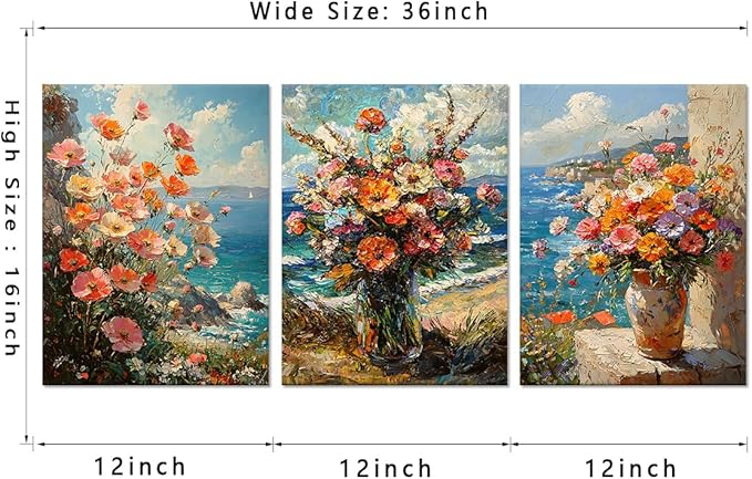 Bouquet on the Beach Vintage Flower Canvas Wall Art French Country Floral in Vase Prints Oil Painting Farmhouse Still Life Poster for Bedroom Living Room Framed - 12x16inchx3pcs