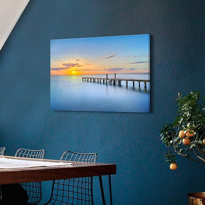 Ocean Canvas Wall Art Bathroom: Sea Sunset Picture Seascape Scene Dock Print Artwork Beach Coastal Pier Painting for Living Room Home Decorations 36 x 24 Inch