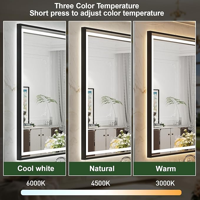LED Bathroom Mirror, 20x28 Inch Frontlit & Backlit Black Framed Lighted Mirror,Wall Mouted Vanity with Lights,Double Lights Strips,Anti Fog Stepless 3 Colors Temperature & Dimmable