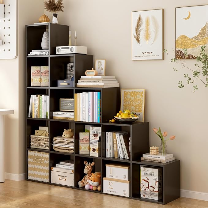 Ladder Cube Storage Bookcase - Wooden L-Shaped 5-Tier Corner Shelf, Reversible 15-Cube Organizer for Home & Office, Black