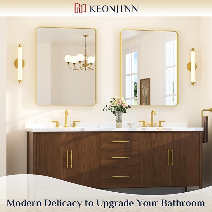 Keonjinn Gold Bathroom Mirrors for Over Sink, 28” x 36” Rounded Rectangle Brushed Gold Vanity Mirror, Anti-Rust Brass Mirror with HD Tempered Glass, Decorative Farmhouse Mirrors, Horizontal/Vertical