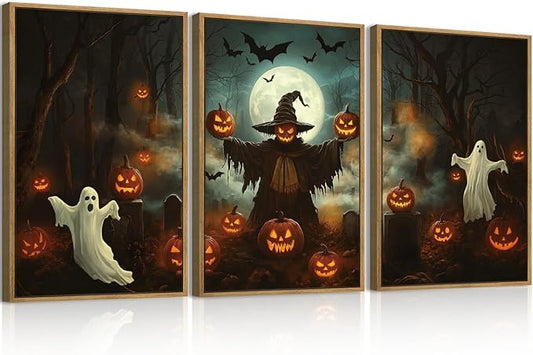 Anyzal Halloween Ghost Wall Art Spooky Pumpkin Wall Decor Dark Forest Artwork for Living Room Bedroom Dining Room16x24 Inch Set of 3