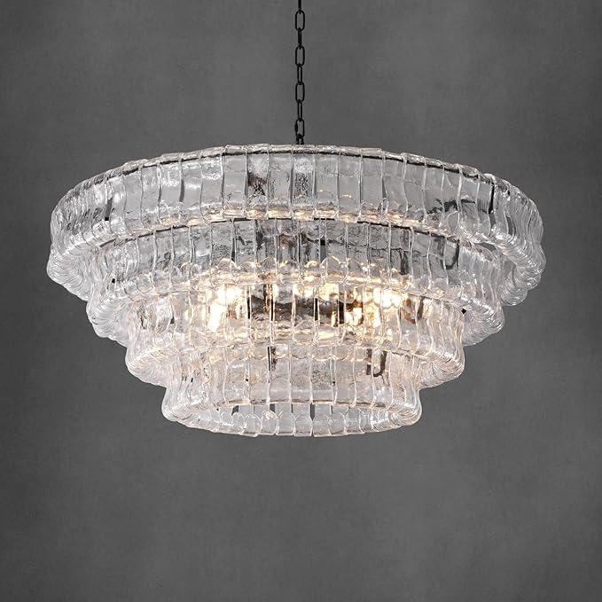 Clear Glass 36 inch Round Chandelier for Dining Room, Modern Drum Black Pendant Light Fixture with Crystal Glass Bubbles, Large Ceiling Light