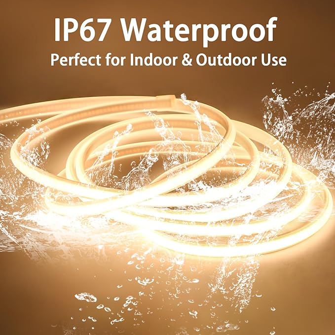 COB Led Strip Lights Waterproof IP67 3 M/9.84feet Cuttable LED Rope Lights 110 Volt Light Stip 320LEDs 3000K Super Bright Warm White with US Plug for Bedroom TV Ceiling Kitchen Cabinet Closet Mirror