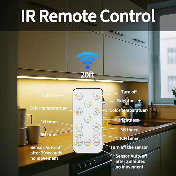 Black Plug in Under Cabinet Light bar with Motion Sensor, Dimmable, Remote Control,Color and Brightness Adjustable, Magnet LED Strip Lights for Kitchen, Workbench, and Closet 3 Pack