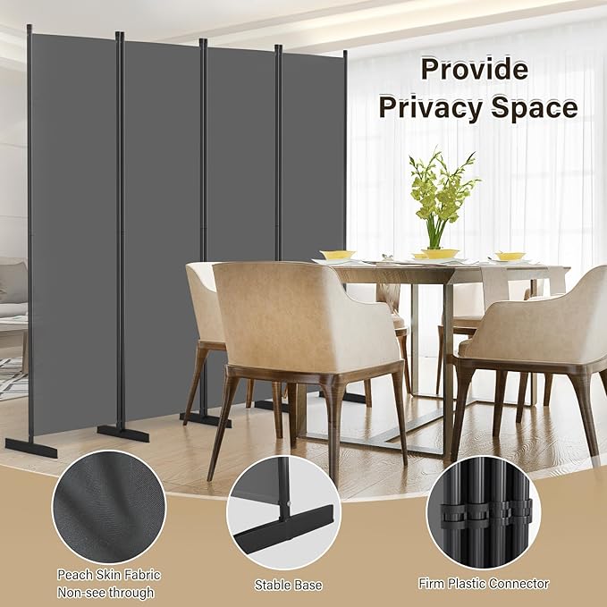 AKTOP Room Divider 4 Panel, 80" W Portable Wall Divider for Room Separation, Freestanding Partition Room Dividers, Folding Room Separators Privacy Screens for Home Office Bedroom, Grey