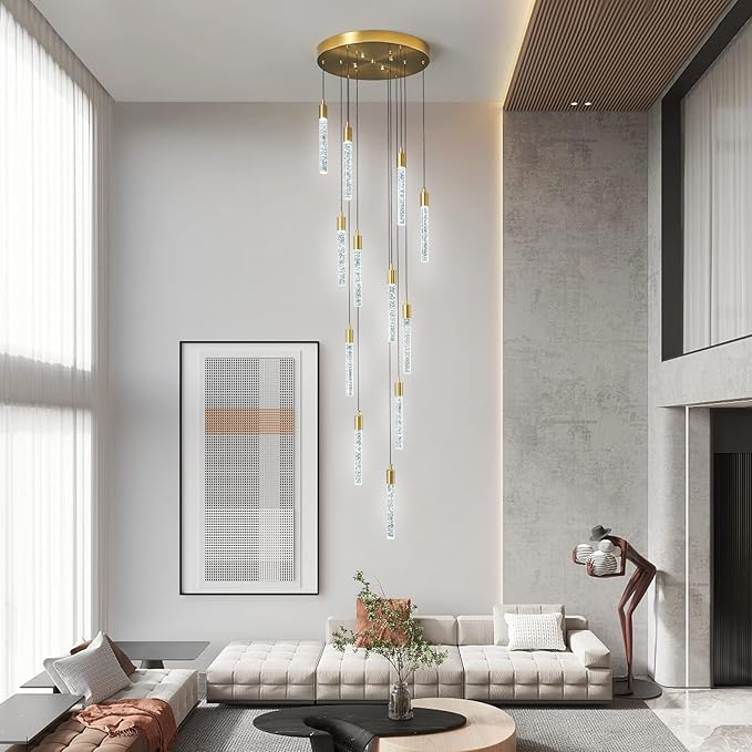 12-Light Modern Living Room Chandelier Gold Brass Finish Crystal Ceiling Pendant Lights LED Dimmable 72W 6000K Staircase Large Chandeliers for Entryway Lobby Foyer High Ceiling Chandeliers