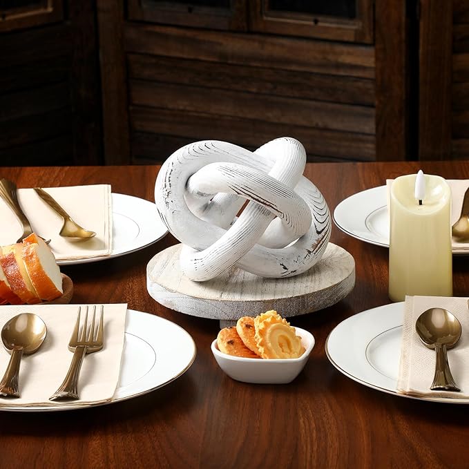 3 Link Wood Knot Decor - Hand Carved Coffee Table Decoration, Boho Chain Link Decor, Modern Shelf, Rustic Objects for Home Living Room Bedroom(Retro White)