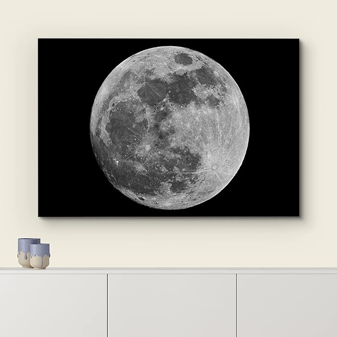 Canvas Prints Wall Art - Full Moon Against Black Universe Space | Modern Wall Decor/Home Art Stretched Gallery Canvas Wrap Giclee Print & Ready to Hang - 16" x 24"