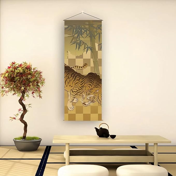 Japanese Tapestry Wall Art Scroll - Feng Shui & Lucky Symbols | W15.7xH47.2", Extra Long Vertical Hanging Decor for Bedroom, Living Room, Office Tiger CTT-10
