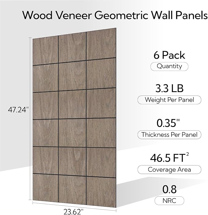 Olanglab Wood Veneer Wall Panels 6 Pack, 24‘’X48‘’ Sound Absorbing Panels for Noise Reduction, Checkered