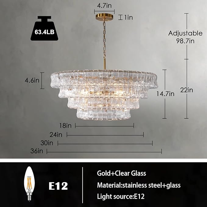Clear Glass 36 inch Round Chandelier for Dining Room, Modern Drum Pendant Light Fixture with Crystal Glass, Gold Large Ceiling Light Perfect for Living Room, Bedroom