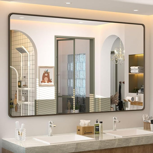 OKPAL 60x36 Bathroom Vanity Mirror for Wall, Large Bronze Framed Mirror with Brushed Metal Frame, Rounded Bronze Rectangle Mirror, Shatterproof, Anti-Rust (Horizontal/Vertical)