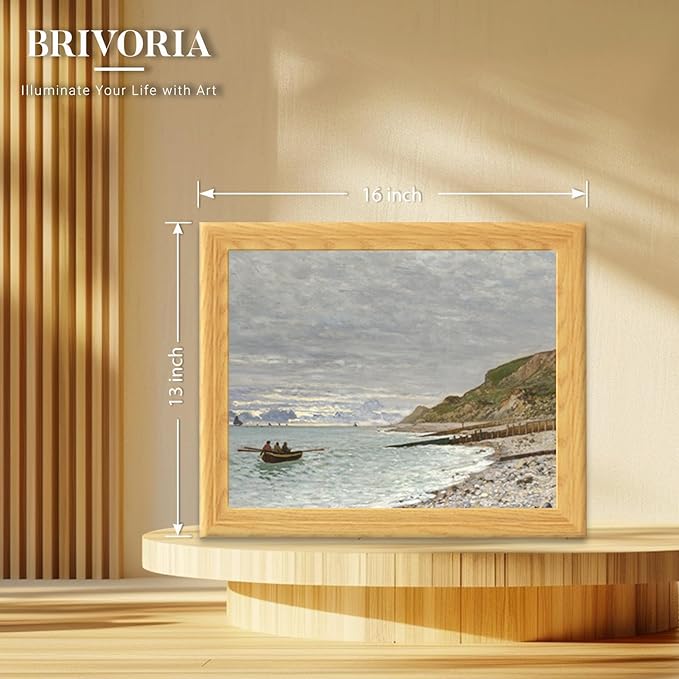Brivoria Framed Canvas Wall Art Coastal Impressionist Decor 13x16 Inch Claude Monet Ocean View Canvas with Faux Wood Frame for Living Room, Hallway, or Gallery Wall Nautical Accent – La Heve