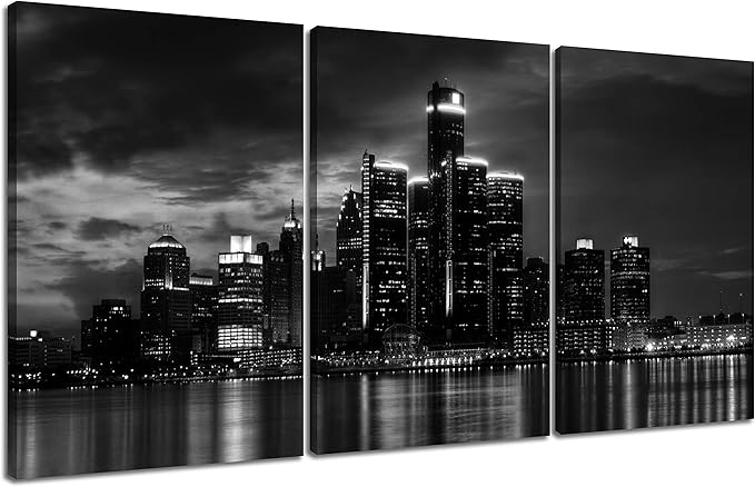 NAN Wind 3 Pcs Wall Art Beautiful Detroit Skyline Black & White Canvas Art Paintings For Room Decor Cityscape Skyscrapers Night Scene Picture Prints On Canvas For Home Decor Modern Giclee Framed