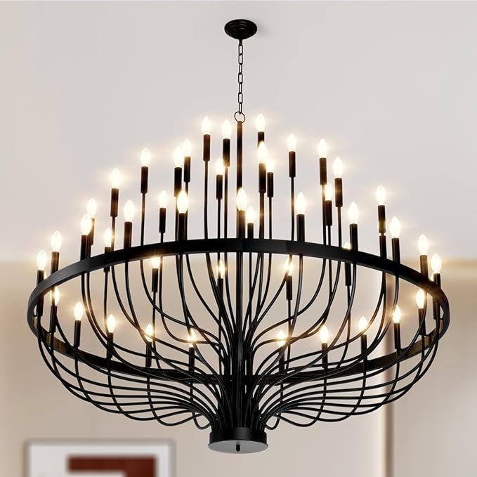 60" Extra Large Chandelier, 48-Light Black Foyer Chandeliers for High Ceilings, Modern Farmhouse Light Fixtures for Dining Room Kitchen Island, E12 Vintage Rustic Industrial Candle Chandeliers