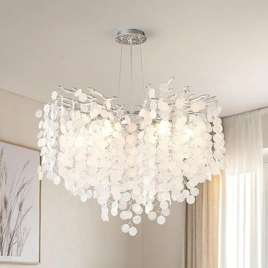 24-Inch Modern Coastal Chandelier, 8-Light Capiz Shell Chandelier for Dining Room, Silver Crystal Light Fixtures for Bedroom Living Room Foyer Kitchen Island Entryway Stairwell, E12