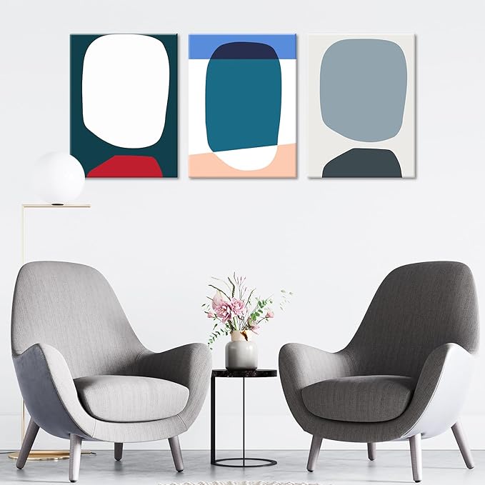 ouiytws Color block simple abstract wall art canvas prints, blue, white, pink of modern simple style, mostly used in the living room, study, bedroom decoration. Frame 16 X 24 in X 3 pieces