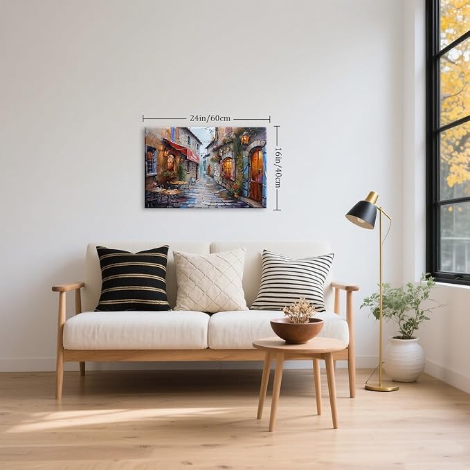 Modern Framed Street View Wall Art European Coffee Shop Canvas Print, Contemporary City Scene Painting, Vintage Cafe Artwork for Kitchen Dining Room Living Room, Bedroom Home Decor, Multi Size (Street 01, 24L"×16W")
