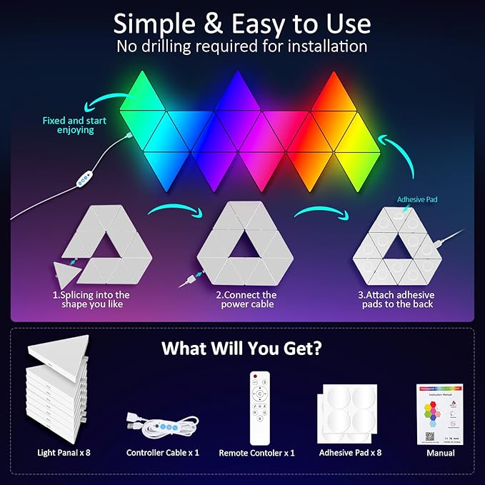 8 PCS Triangle Light Panels – Smart RGB Gaming Triangle LED Lights with App & Music Sync – Bedroom Lamp, Wall Art, Essentials, Playroom & Home Deco