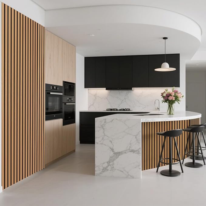 Art3d Acoustic Wood Slat Wall Panel with Roll-Flat Design - 95.3 x 23.8 Inch Sound Absorbing Panels for Living Room Columns Corridor Curved Wall Decor, 1-Pack Teak