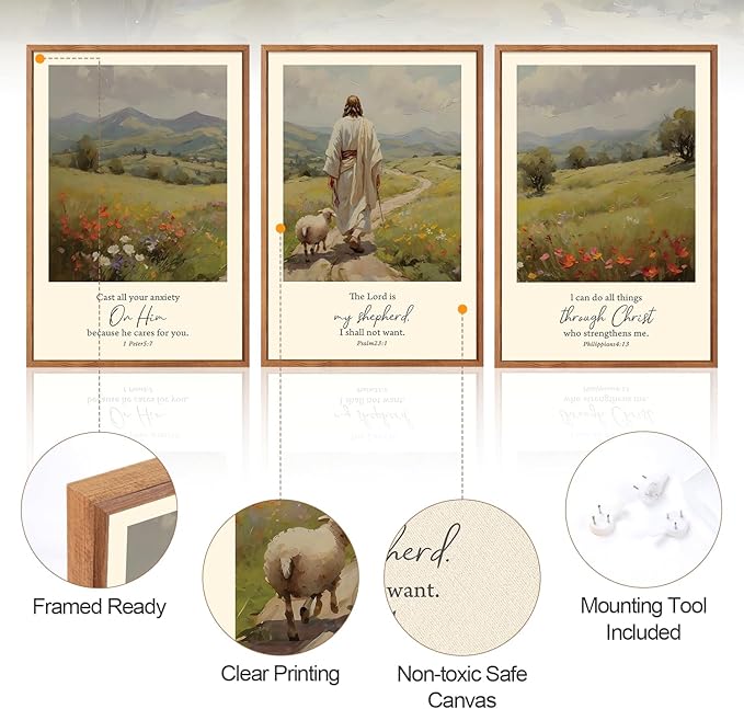 Aurlan Christian Bible Verses Framed Wall Art(16"x24"), 3PCS Vintage Jesus Leaves The 99 Lost Sheep Inspirational Scripture Canvas Artwork, Religious Abstract Flowers Nature Landscape Gallery Decor for Home Office Bedroom